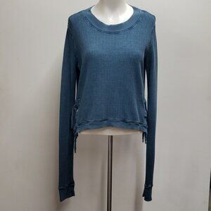 Free People One Interlaken Cropped Waffle Top Women's Medium Thermal Blue